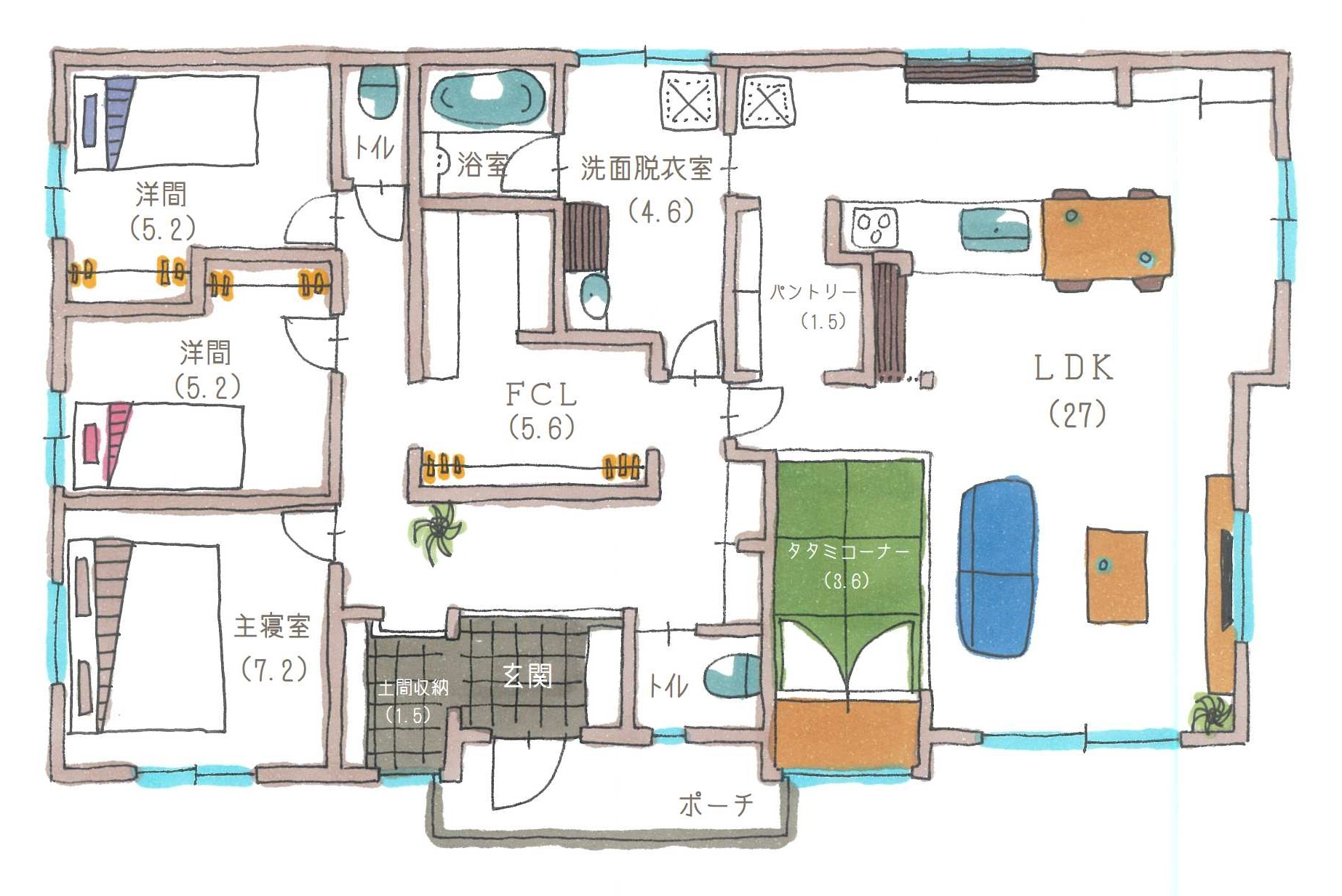 3LDK+畳コーナーのある平屋の間取り