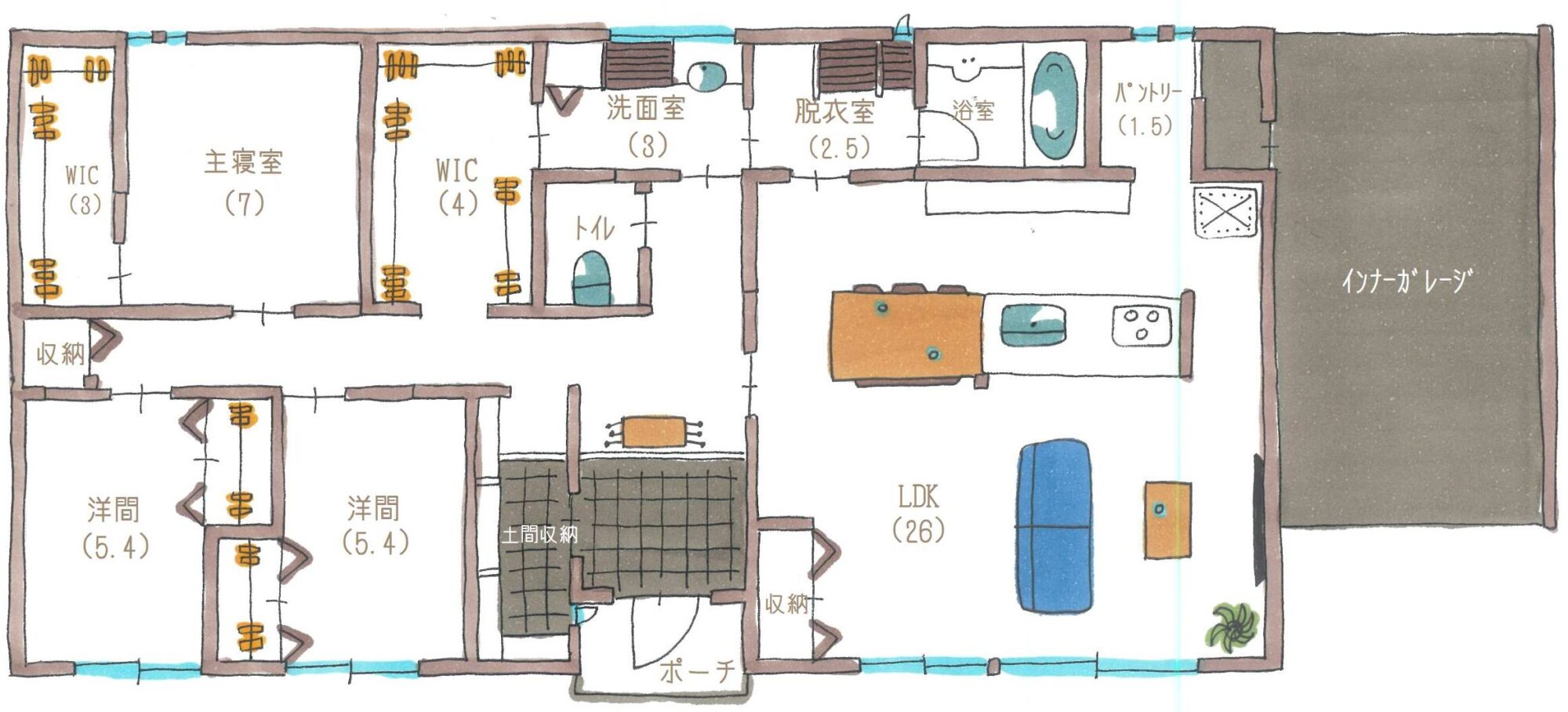 26畳のLDKが家族をつなぐ インナーガレージのある平屋の間取り